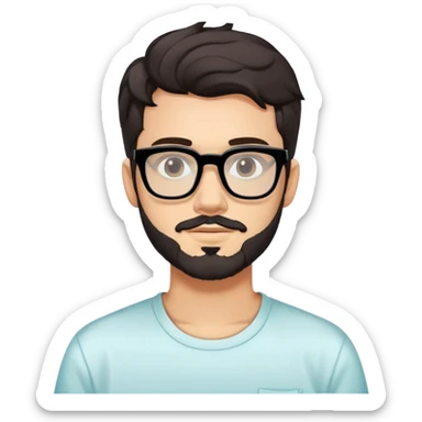 young adult man with light skin, short beard, dark wavy hair, relaxed expression, very wide rectangular glasses with thick black acetate frame and thick double bridge, retro oversized style, colorful open shirt and white t-shirt sticker