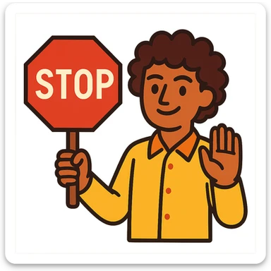 brunette person with curly hair holding a stop sign, vibrant toon style sticker