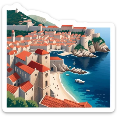 Cinematic Realistic aerial view of the historic city of Dubrovnik, showcasing its iconic red-roofed architecture, fortified walls, and sparkling Adriatic coastline, rendered with rich textures and warm Mediterranean lighting that captures its old-world charm. sticker
