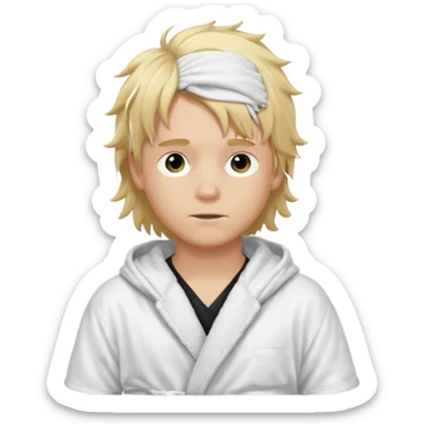 Create a blond boy with long, messy hair, light eyes, a white t-shirt, rich, with long hair, blue eyes, medium-length, voluminous hair, wearing a black Nike bathrobe and a little blush near his nose. and with a balaclava sticker