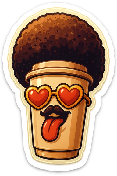 Tall coffee cupp, afro, heart glasses, big heart eyes, tounge rolled out sticker