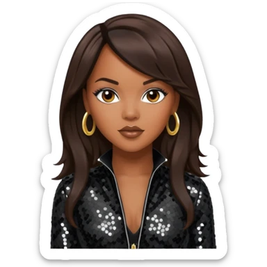 LeToya Luckett with long dark brown hair, black sequin tour outfit  sticker
