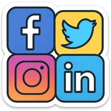 collection of popular social media logos Facebook Twitter Instagram LinkedIn arranged together in a unified icon, minimal color outline style sticker