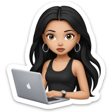 a pretty bratz dusky girl with long black hair, kajal under eyes, small silver hoop. black tank top on. laptop in hand sticker