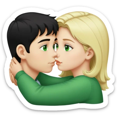 A blonde girl with green eyes kisses a boy with fair skin and black hair with a hairstyle that stands up and green eyes sticker