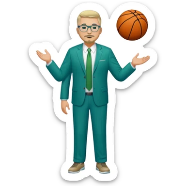 Full Body white male plus size wearing glasses with a goatee with light blonde and gray very short hair happy basketball head Coach in blue and green suit sticker
