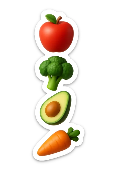 emoji stile iphone in 3d di cibo sano che fluttua in aria vericalmente, iperrealistico 4k sticker