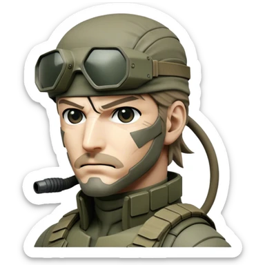 Cinematic Realistic Metal Gear Solid Snake Soldier Portrait, head tilted epicly and inquisitively, showcasing a commanding presence and tactical acumen. His weathered face, intense eyes, and meticulously rendered combat gear in muted earth tones are brought to life with lifelike clarity and dramatic lighting, high shine, epic and awe-inspiring, embodying the covert prowess of a true warrior of the shadows. sticker