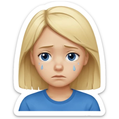 Young girl with blonde hair and a blue T-shirt, looking sad and discouraged sticker