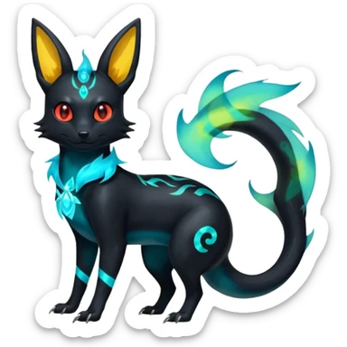 Shiny Fiery Ethereal Eldritch Cool Edgy Badass Punky Aural Iridescent Fluorescent Bioluminescent Umbreon-Amaura-Salandit-Litten-Flareon-Fakémon-fusion (full body)  sticker