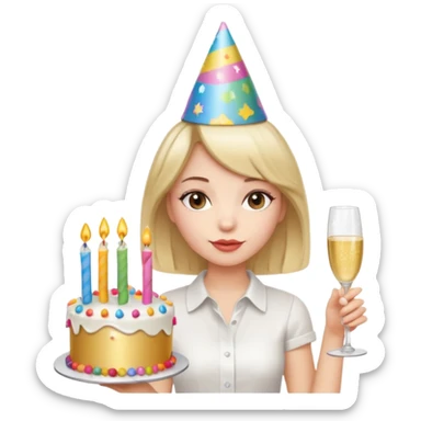 una festa di compleanno con una camicia bianca UNA ragazza con il caschetto e una torta e un cappellino  sticker