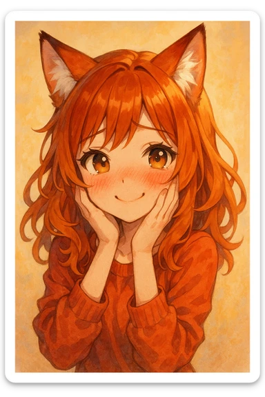 a cute girl with fox ears and ginger hair, blushing, in a charming, expressive style sticker