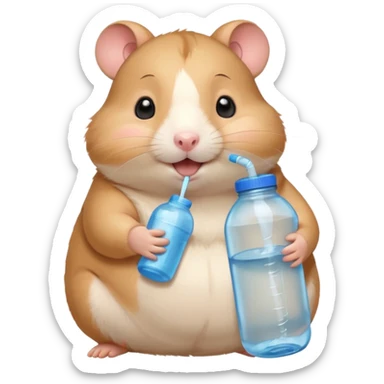 Cute chubby cartoon-style hamster hugging an oversized water bottle, sipping with tiny straw, happy expression. Painterly shading, expressive eyes, white background, sticker-style illustration sticker