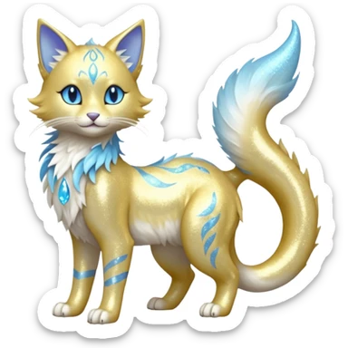Pastel realistic divine glowing gold-glittery and light pastel blue glimmering glooming shiny glossy glittery holy cute elegant beautiful fantasy fae-feline-vernid-sergal-fursona animal creature with a tufted tail full body with intricate markings  sticker