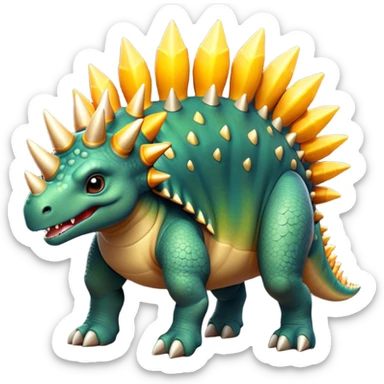 Cinematic Noble Stegosaurus Portrait Emoji, Poised and dignified, with a sturdy, low-slung body adorned by a distinctive row of bony plates along its back and a spiked tail, a small, determined head with observant eyes, Simplified yet sharply defined features, highly detailed, glowing with a soft, earthy radiance, high shine, intelligent and resolute, stylized with an air of ancient armored majesty, focused and alert, soft glowing outline, capturing the essence of a watchful and confident Stegosaurus that appears ready to lumber out of the screen with effortless authority! sticker