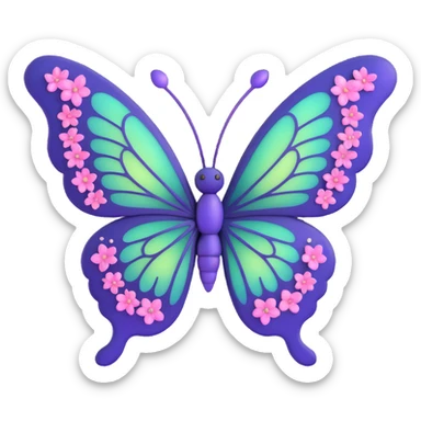 whimsical magical butterfly, #c0ff53 green wings, deep purple edges, glowing, fine veins, layered shimmering textures, pink flowers on wings, dreamy pink dust, sparkling magical dust, mystical light bursts, pastel orbs, deep blue elegant body, 3D cartoon, fantastical sticker