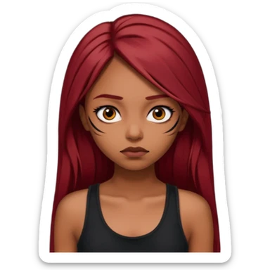 a brown girl with straight long dark red hair, black tank top, eyeliner on. Looking sad sticker