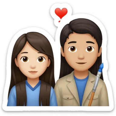 Asian boy with long hair  and girl painters sticker
