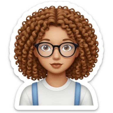 make a really curly hair, teen girl with glasses and little acne that looks like freckles longer like more than shoulder lengthcurly hair, and pretty withe makeup on giving clean girl vibes, and make her have tan skin

 sticker