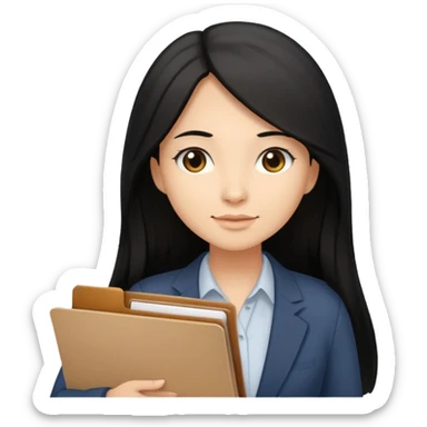 a light tan woman with long black hair past mid-back, round brown eyes and manila folder in her hands sticker