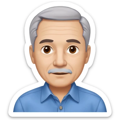 Older Hispanic man in his 60s with light skin, round face, wide jaw, broad cheekbones. Expressive dark brown eyes, thick eyebrows. Short gray/white hair with receding hairline. Well-shaved. Friendly expression. Wearing a button-down shirt in blue. sticker