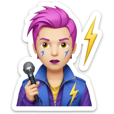 emoji-style male rockstar with David Bowie inspiration, pink side-swept hair, lightning bolt on face, yellow skin, dark lipstick, futuristic purple-blue jacket, microphone, white background sticker
