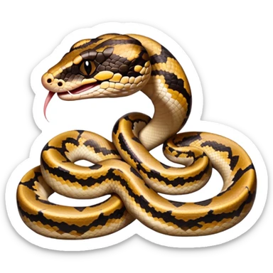 A close-up 3/4 view of the Ball Python with the front half raised slightly in an S-shape and its tongue flicking out. The head is angled curiously toward the viewer, showing both personality and motion. sticker