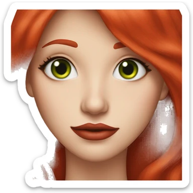 straight long Tomato red hair,red lipstick red,green eyes, white skin and a small nose sticker