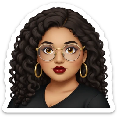 teen big plus size, latina, darker tan skin, gold hoops, long black curly hair, baddie,pretty, makeup, dark red lipgloss, black eyeliner, long hair, black shirt, BLACK glasses sticker