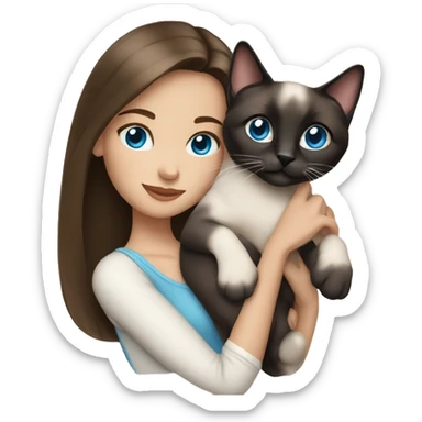 brunette girl blue eyes holding siamese cat sticker