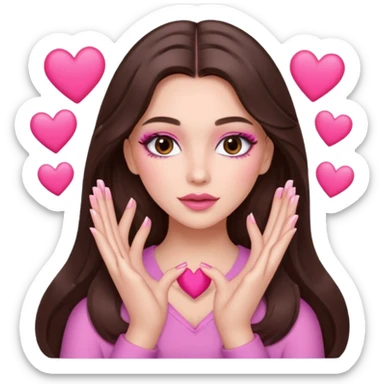 Pink and brown emoji, love emoji inspired with brunette hair, brown eyes, long hair, heart shape lips and pink make up making a heart with her hands and pink nails, mauve pink blush sticker