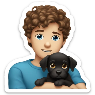 Brown hair boy with blue eyes with fluffy black puppy sticker