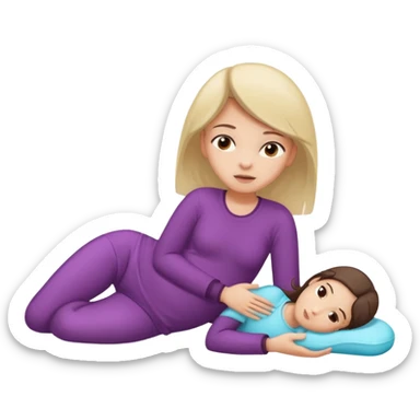 A girl, lying on her side suffering from menstrual cramps, has a hot water bottle on her stomach. sticker