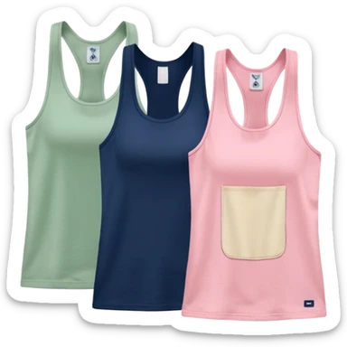Multiple racerback tank tops, one cream one cream one sage green one navy blue one pink sticker