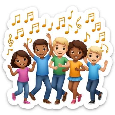 group of children dancing with music notes, fun and friendly sticker