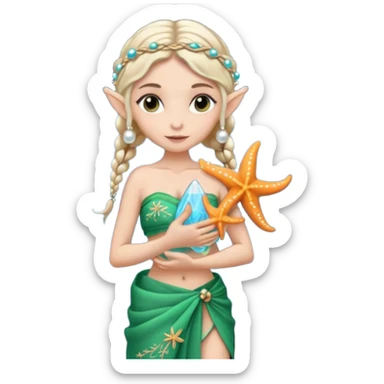 elf female Sarong with bioluminescent embroidery, armful of starfish, hair in a braid with pearl pins sticker