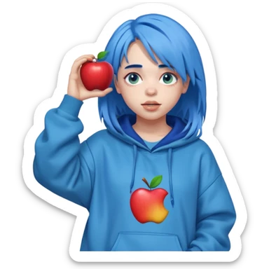 Billie Eilish with blue hair, baggy clothes, playful pose, music icon, Apple emoji style sticker
