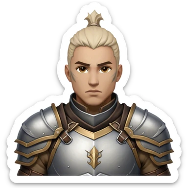 Cinematic Realistic WoW Human Warrior Portrait, head tilted epicly and inquisitively, showcasing a commanding presence and heroic grace. His chiseled features, resolute eyes, and meticulously crafted steel armor with leather accents in harmonious greys and bronzes are rendered with lifelike clarity and dramatic lighting, high shine, epic and awe-inspiring, embodying the spirit of a warrior poised for battle. sticker