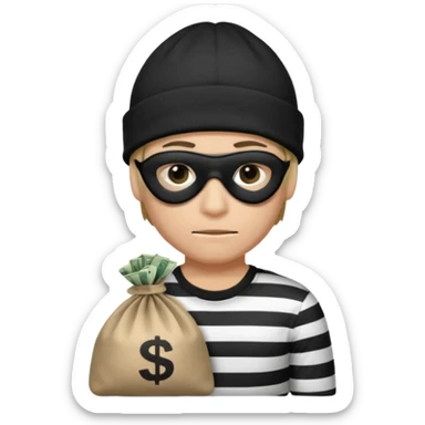 robber wears black eye mask, black beanies and black and white stibes shirt with one brown money bag beside him sticker
