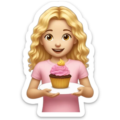 4-years old girl with golden hair eats cupcake sticker