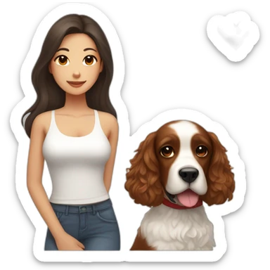 korean woman with long dark brown hair in a white singlet sits with red cocker spaniel sticker