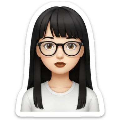 uma mulher snapchat icon, cor da pele normal, cabelo preto liso grande, solto grande com franja vegana, franja inteira curta, óculos pretos, com piercing na boca e nariz, olhos castanhos, camisa branca, a tela de fundo branca, coloque um brinco na boca e no nariz sticker