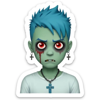 zombie boy with spiky emo blue hair and white shirt , tattos, a risk on the eyebrow, earings,  a necklace with a cross, green skin, shaggy, dark, spooky, creepy expression emoji  sticker