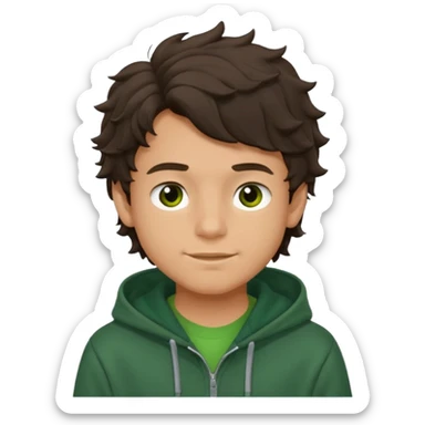 a 14 year old slightly tanned teenage boy with dark brown tousled wavy hair, dark brown eyes wearing a green tshirt, with a dark green hoodie overcoat. smirking sticker
