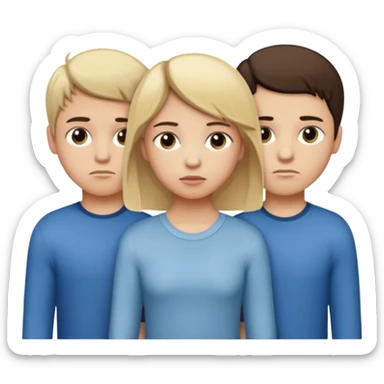  iOS emoji style.
A girl holding hands with two boys at the same time,one boy si brunette the other blonde, one on each side.
The girl has a suspicious, guilty expression, slightly turned eyes.
The boys look neutral and unaware.
 smooth gradients, rounded shape sticker
