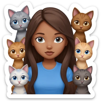 a pretty bratz dusky girl with long brown hair, blue eyes with six cats nd wearing a grey tshirt sticker