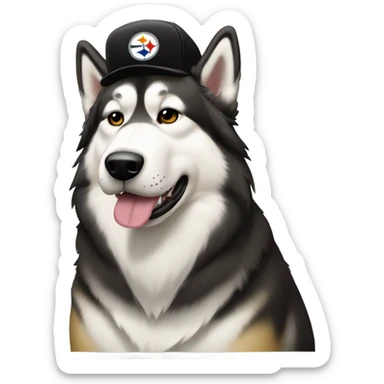 Malamute with cream face wearing Pittsburgh Steelers hat sticker