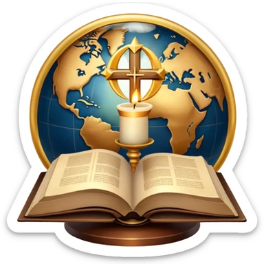 An icon featuring a holy book, a candle, and a cross, symbolizing religious studies. The design includes a globe with various religious symbols: a crescent moon and star (Islam), a lotus flower (Buddhism), representing global belief systems. Transparent background. sticker
