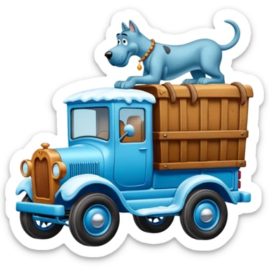 The Flintstones shiny crushed-dark-ice-blue frozen Scooby Doo 1912 antique long-wheelbase snub-nose off-road moving truck  sticker