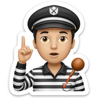 A black calm referee with striped shirt, wearing a sport cap while blowing a whistle, pointing clearly toward the field. sticker